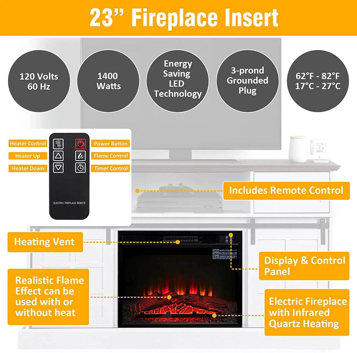 58" Fireplace TV Stand with 23" Electric Fireplace, Dark Oak L2638