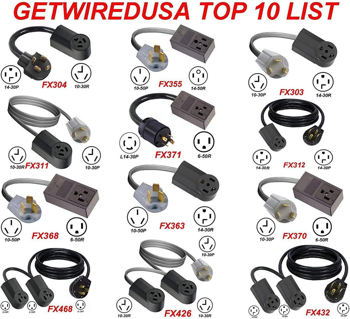 10-50P 3-Pin Male 220/250V 50A Plug To 14-50R Female 4-Prong Receptacle Adapter B634785