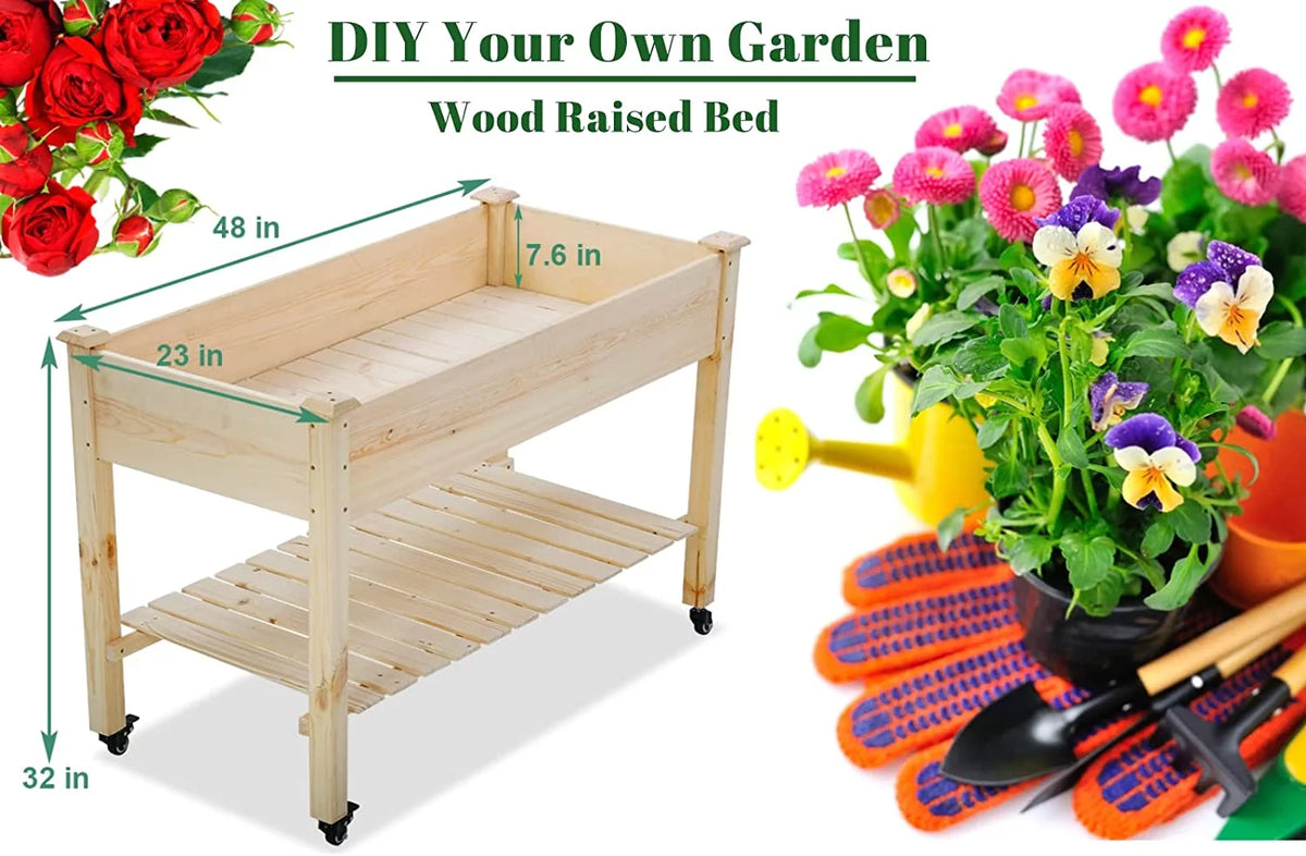 Raised Wood Garden Bed with Wheels and Storage Shelf N205535