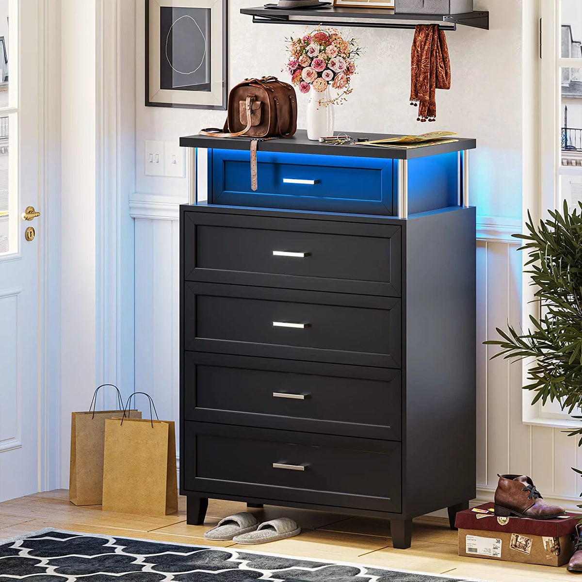Black 5 Drawers Wood Dresser with LED Light V112659