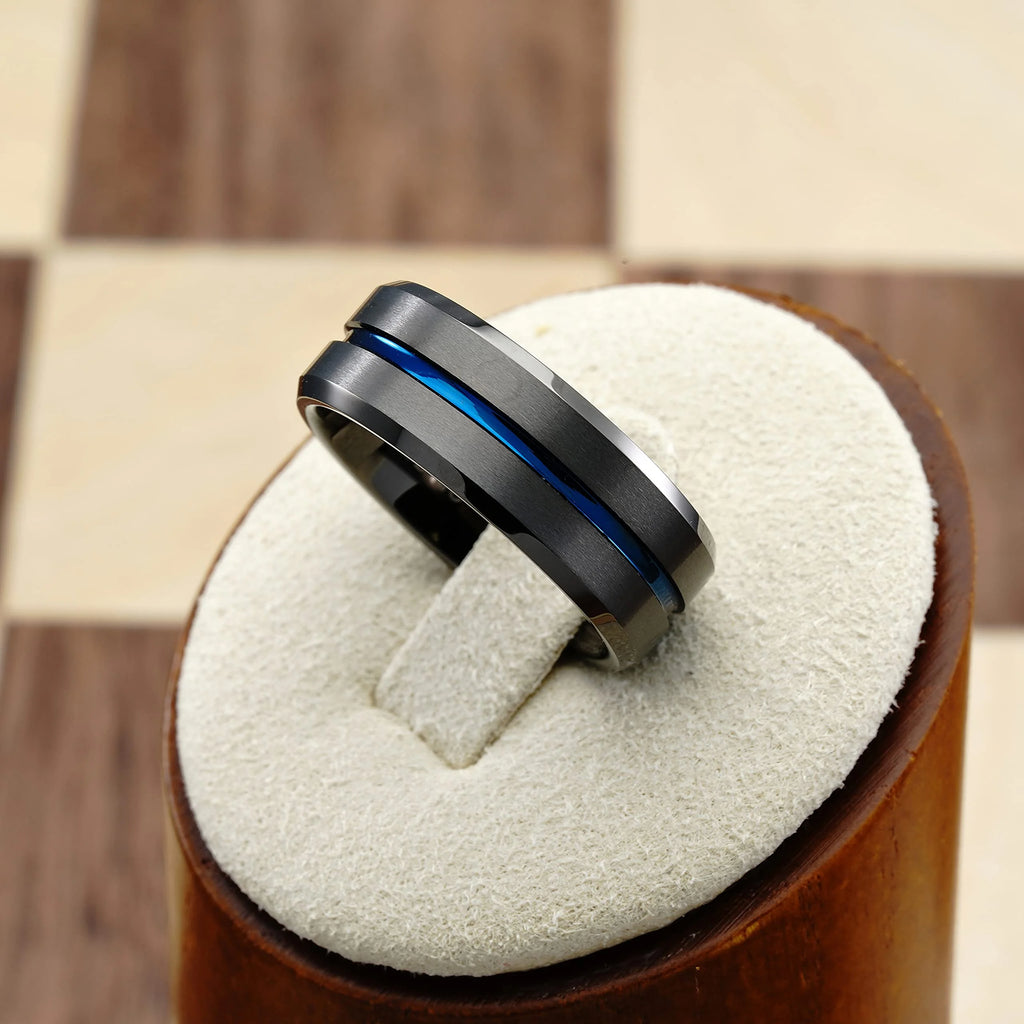 Gunmetal Gray Tungsten Ring Blue Groove Line Wedding Band Size 6.5 U508378