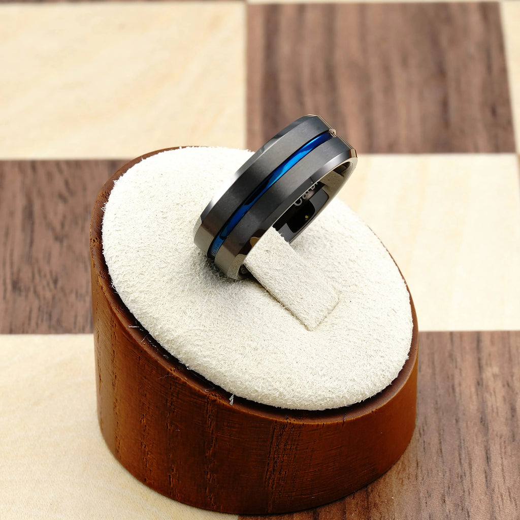 Gunmetal Gray Tungsten Ring Blue Groove Line Wedding Band Size 6.5 U508378