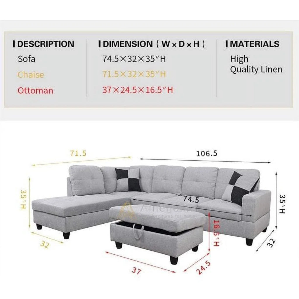 Grey White Left Hand Facing Sofa & Chaise with Ottoman U8818