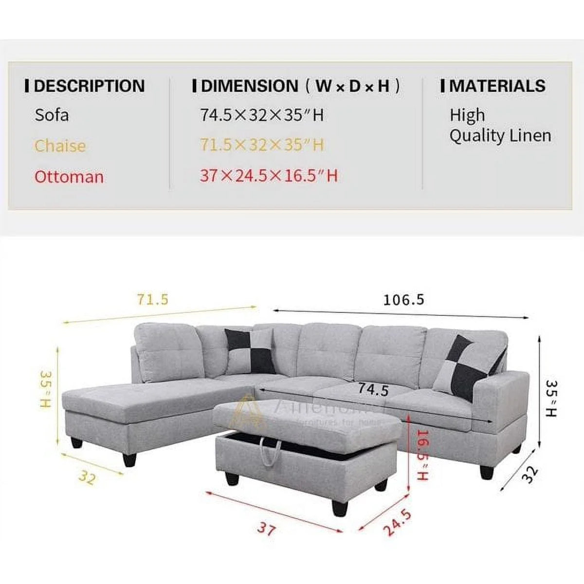 Grey White Left Hand Facing Sofa & Chaise with Ottoman U8818