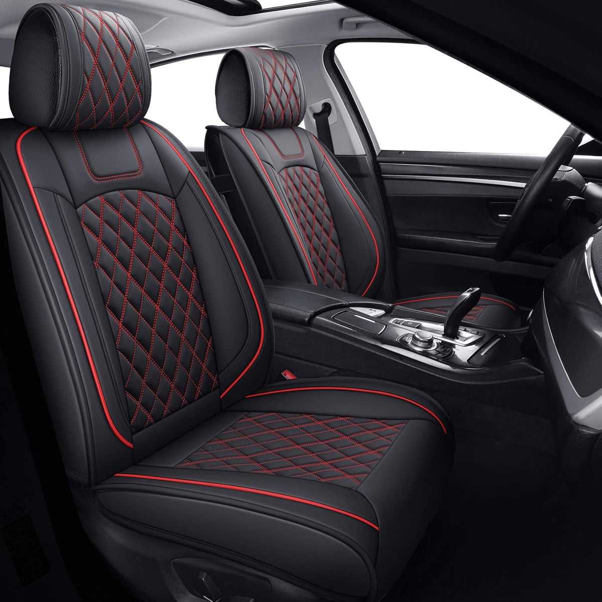 Waterproof Faux Leather Car Seat Covers Full Set Black-Red E180704