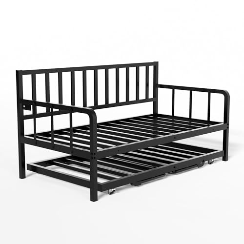 Black Metal Daybed with Trundle and Charging Station B3747