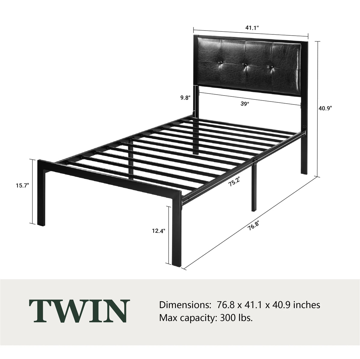 Twin Size Dark Grey Metal Platform Bed with Upholstered Headboard F466