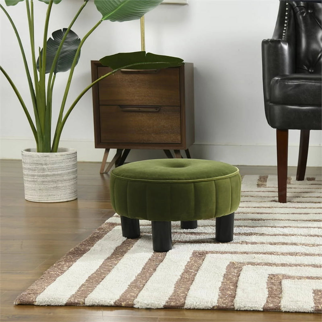 Olive Green Velvet Round Footstool Ottoman W844030