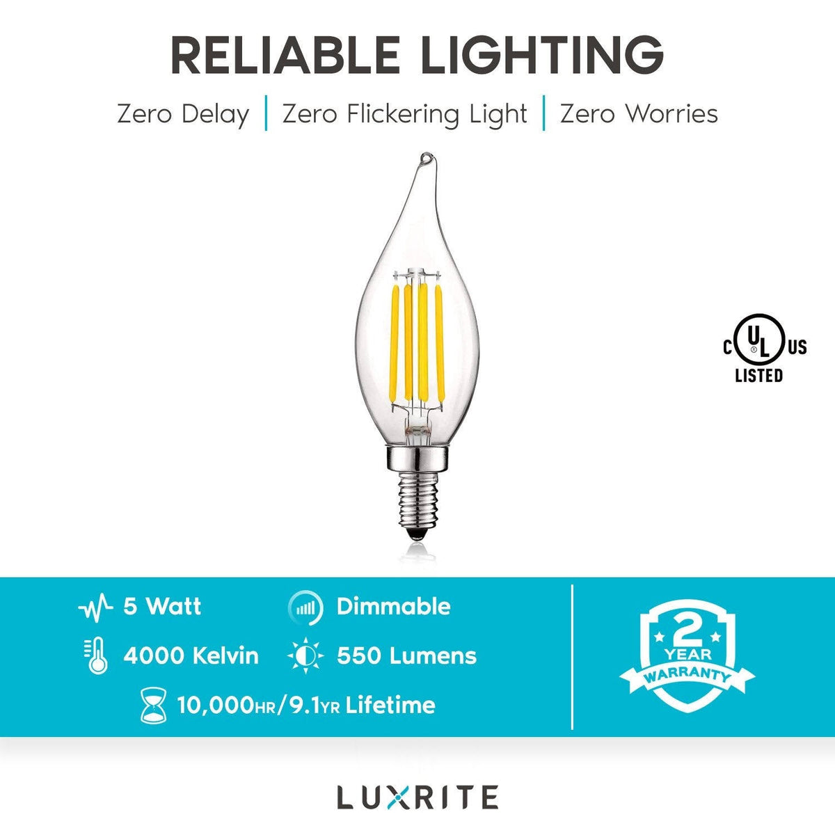 Vintage Candelabra E12 LED Bulb 5w, 550 Lumens, 2700K Warm White, Dimmable, Flame Tip Clear Glass (24 Pack) D4434