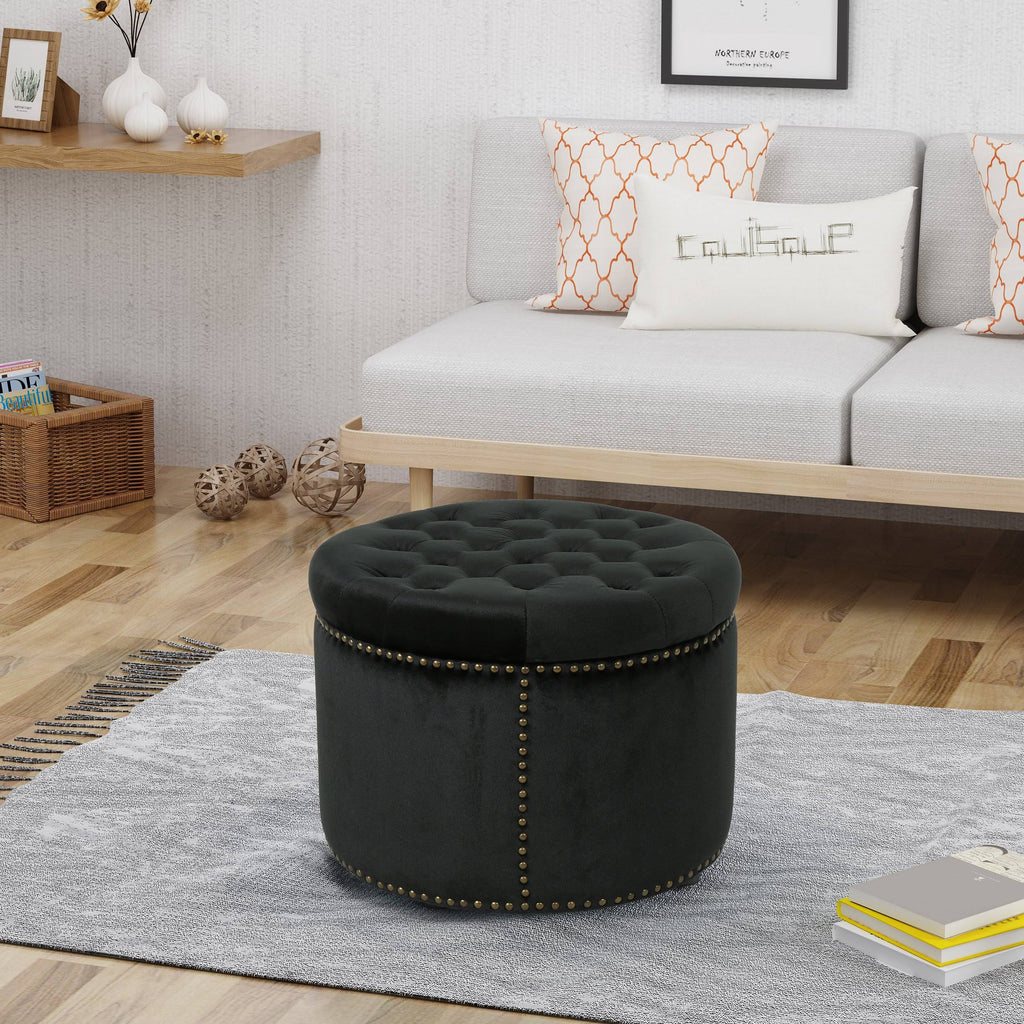 Black Velvet Tufted Ottoman M46730