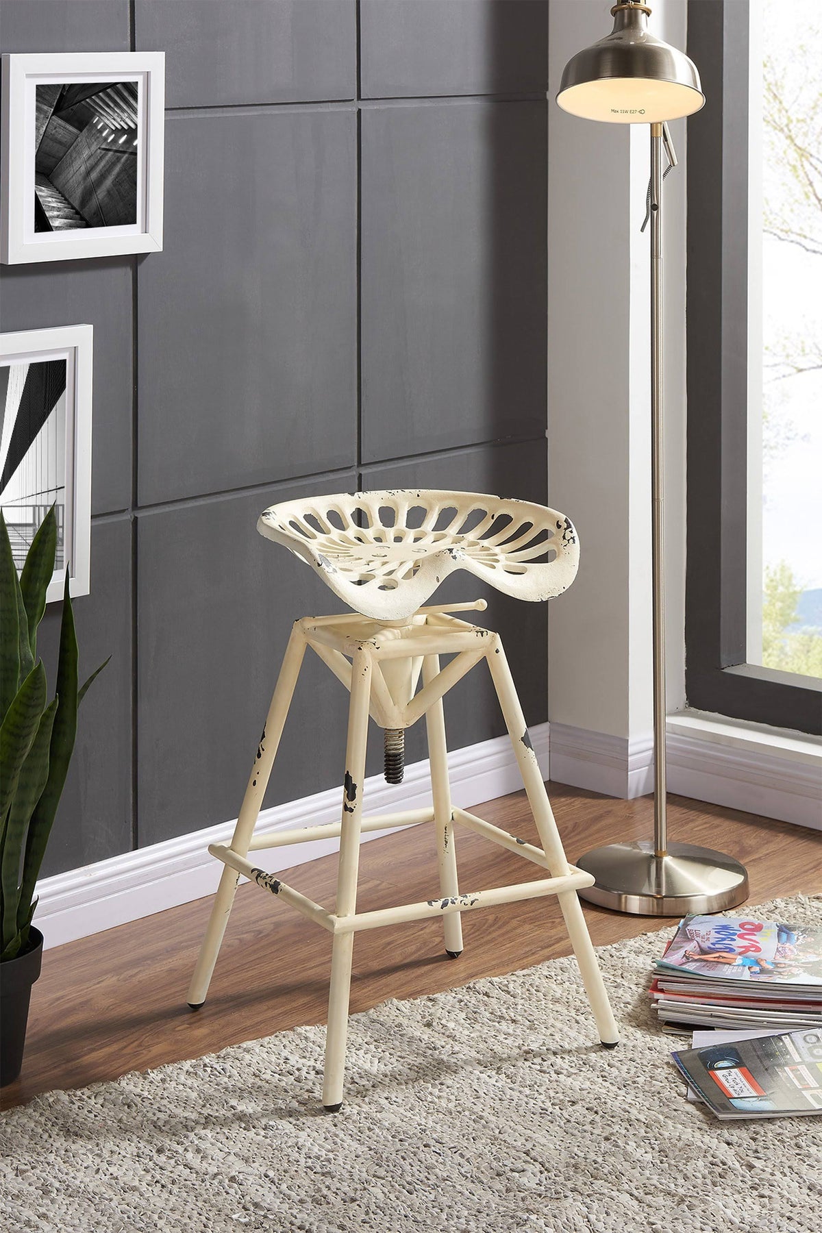 Antique White Industrial Metal Barstool O807