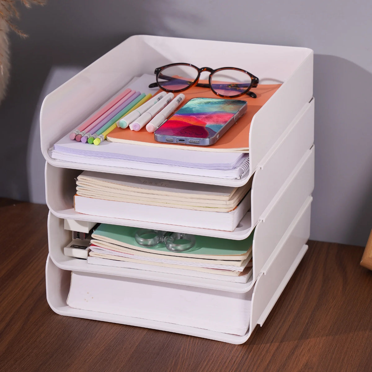 White Stackable Desk Letter Tray Set Z676