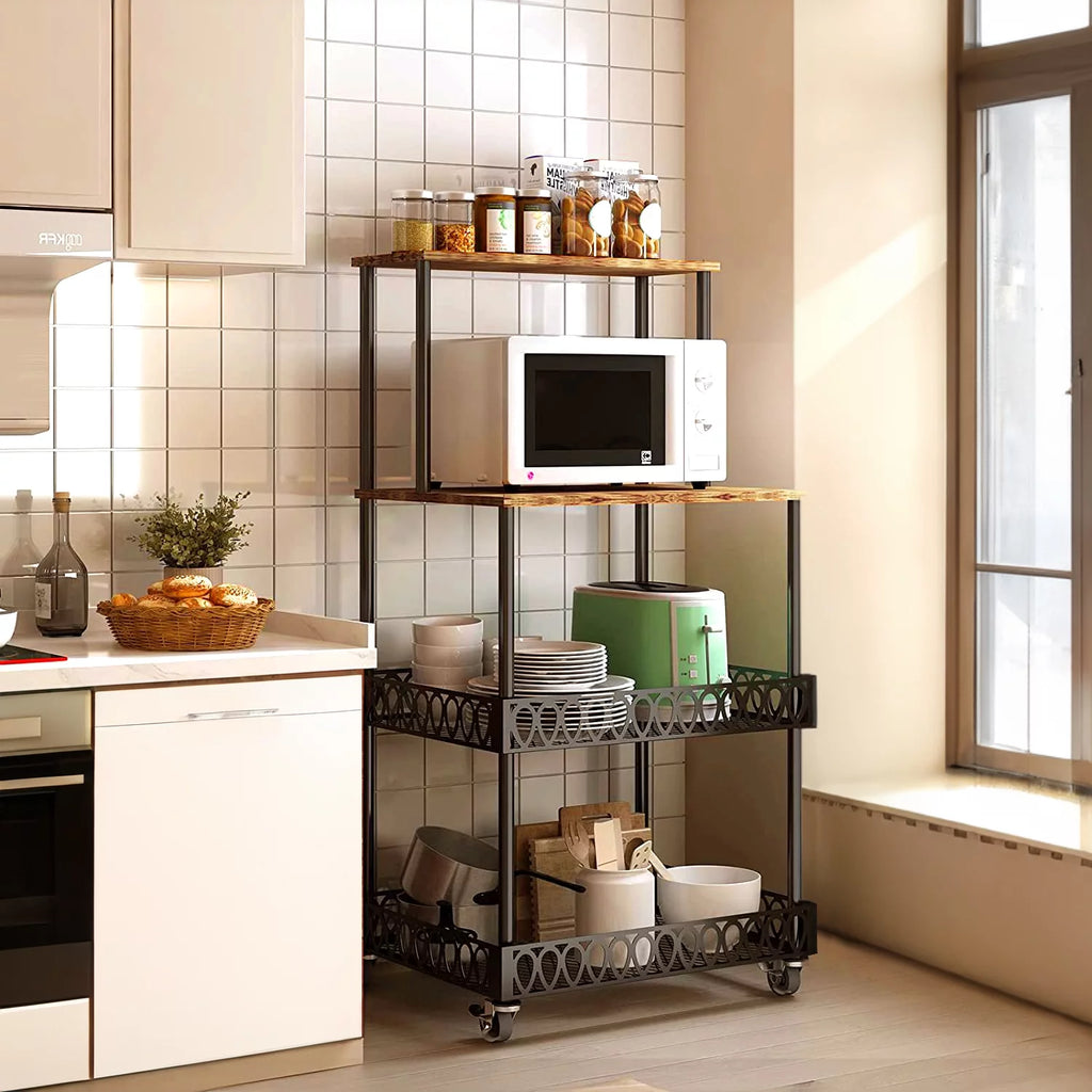 4-Tier Baker's Rack 48 inch Kitchen Storage Organizer with Metal Wheels D3400