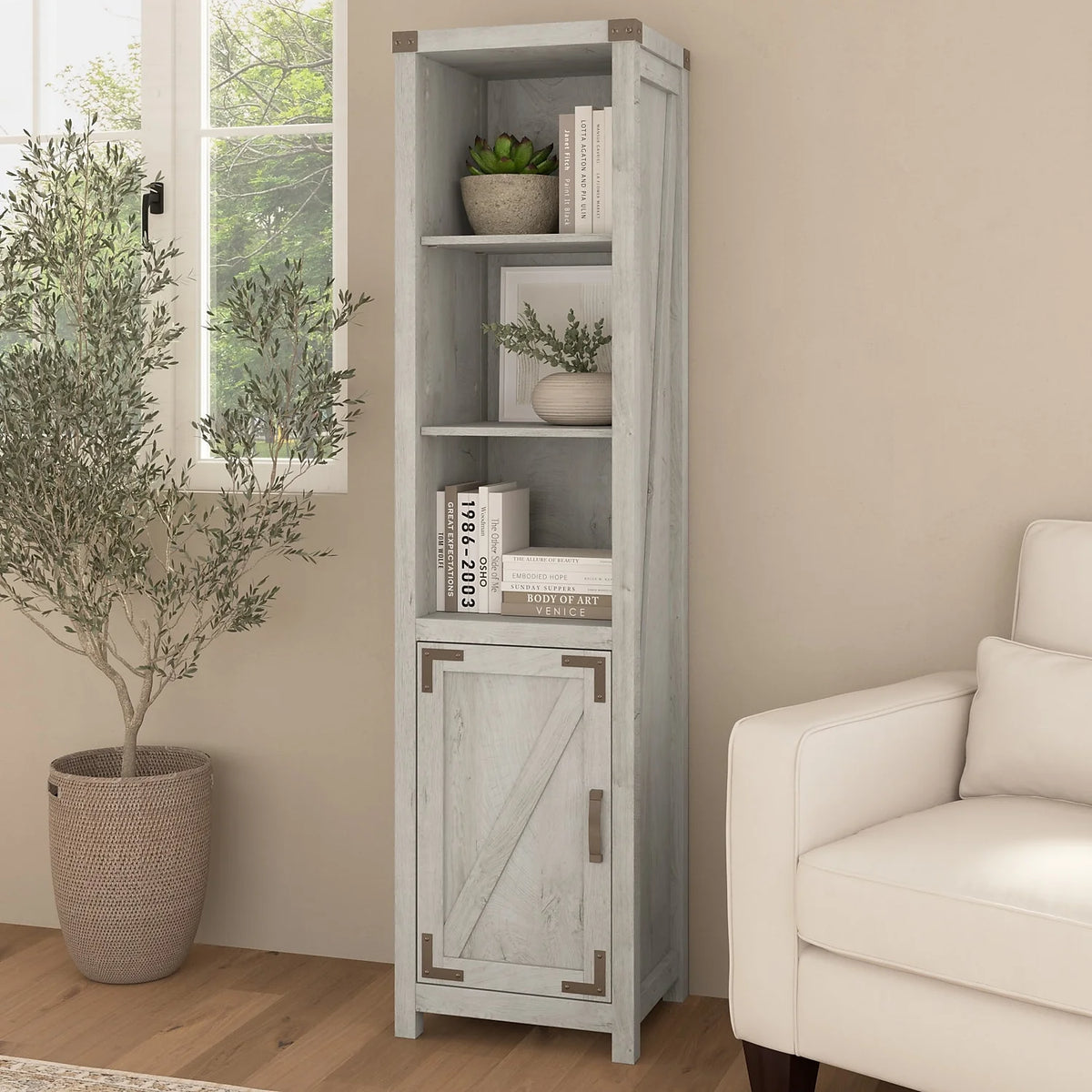 Tall Narrow 5 Shelf Bookcase with Door A6359