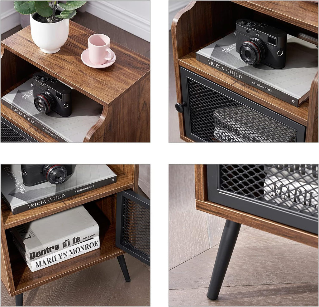 Brown Metal Nightstand with Storage Cabinet and Drawer Shelf D39494