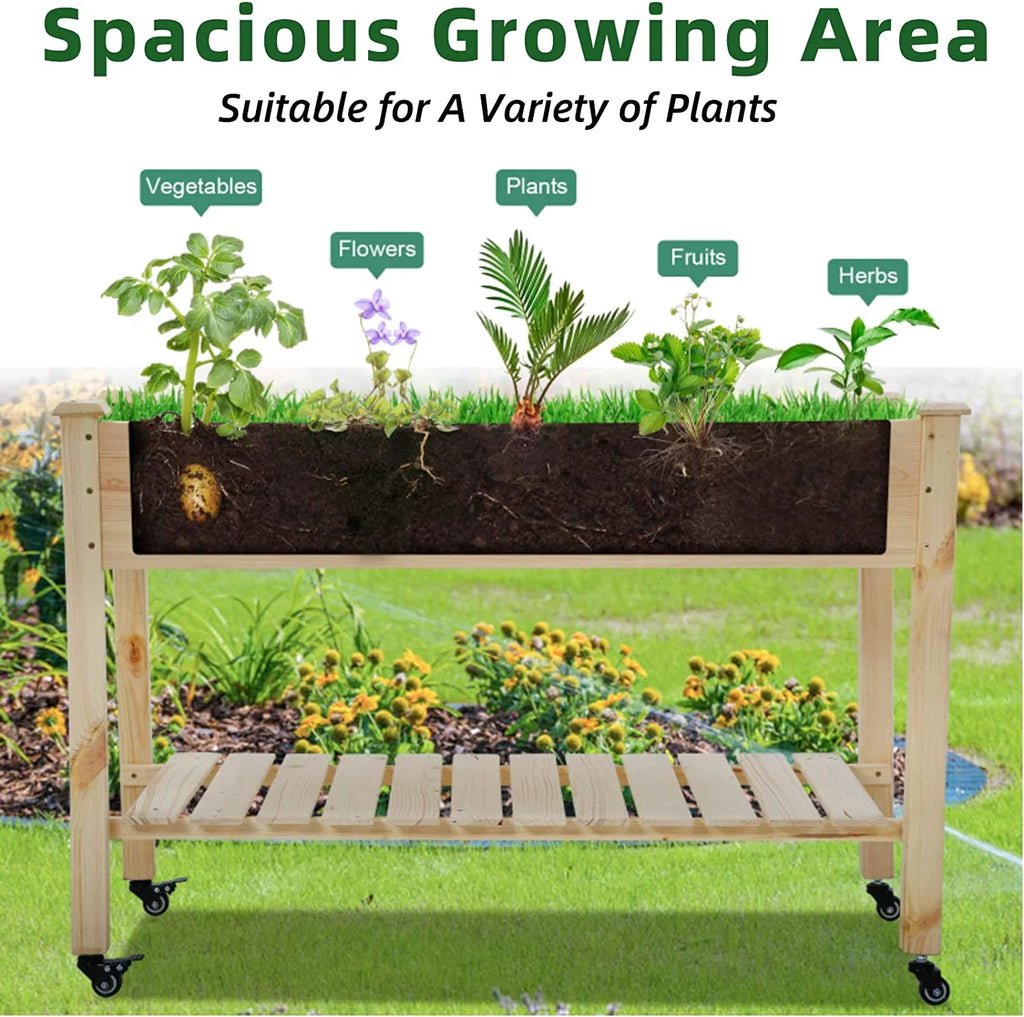 Raised Wood Garden Bed with Wheels and Storage Shelf N205535