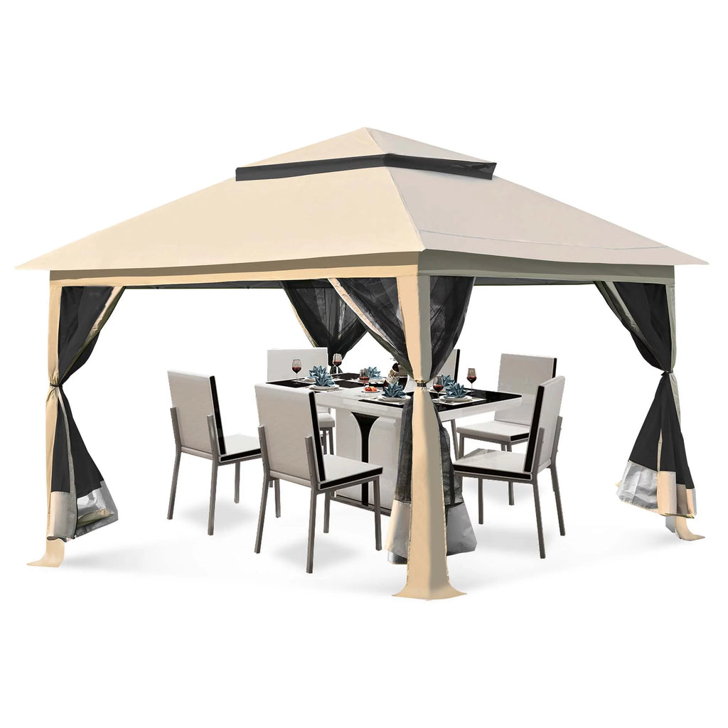 13 x13 ft Pop up Gazebo Canopy Shelter with Mosquito Netting, Brown Q4316