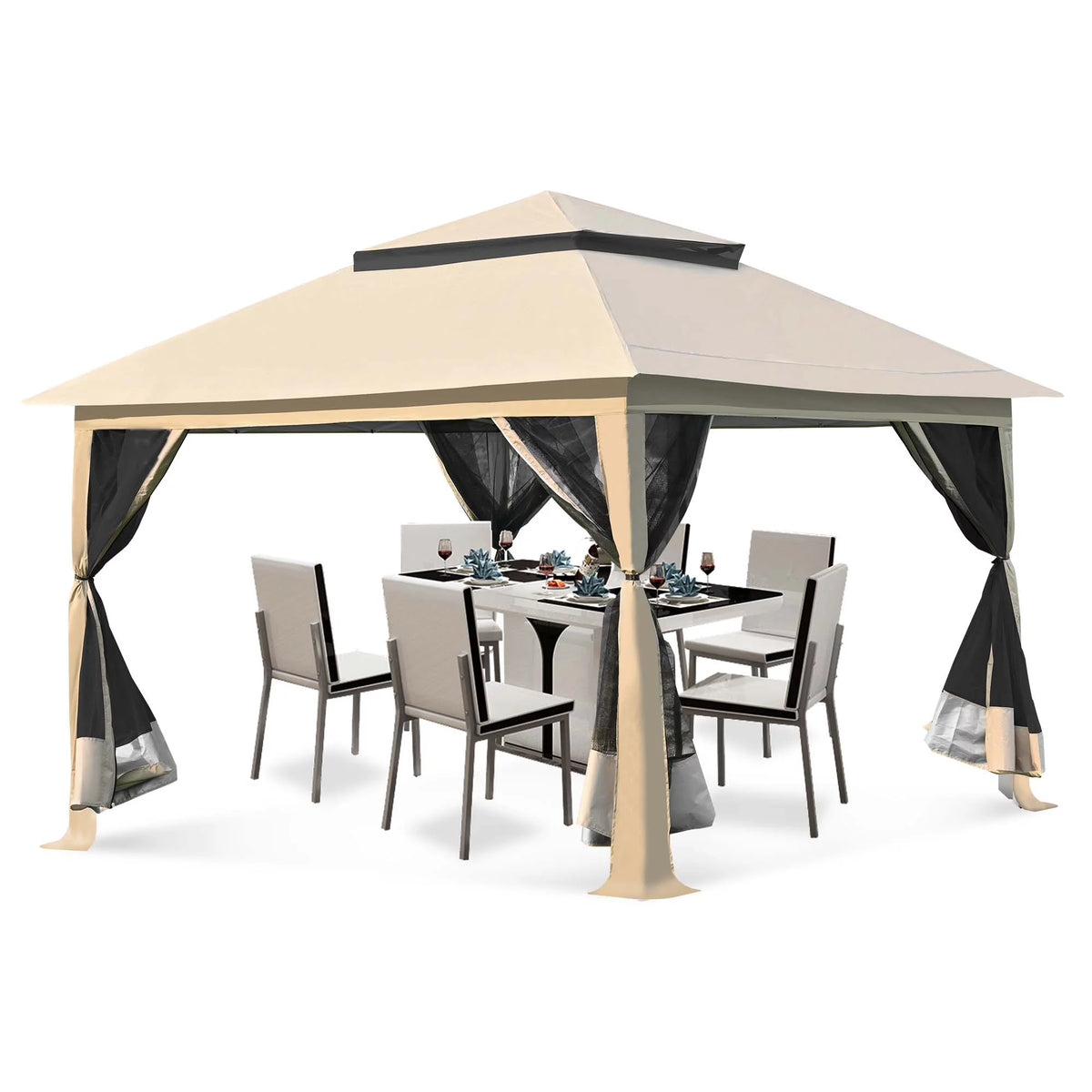 13 x13 ft Pop up Gazebo Canopy Shelter with Mosquito Netting, Brown Q4316