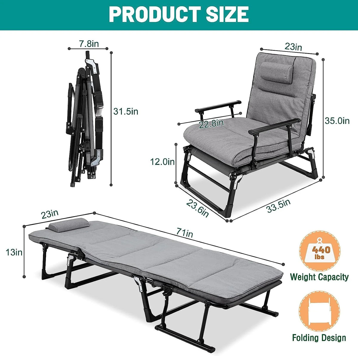 3 in 1 Folding Camping Cot Bed with Mattress & Pillow F5920