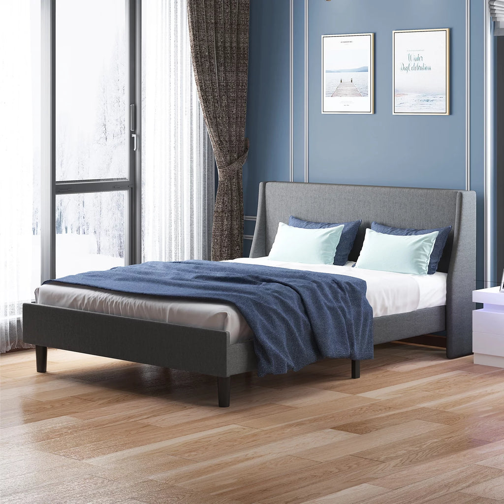 Queen Size Light Grey Upholstered Platform Bed Frame with Headboard D984