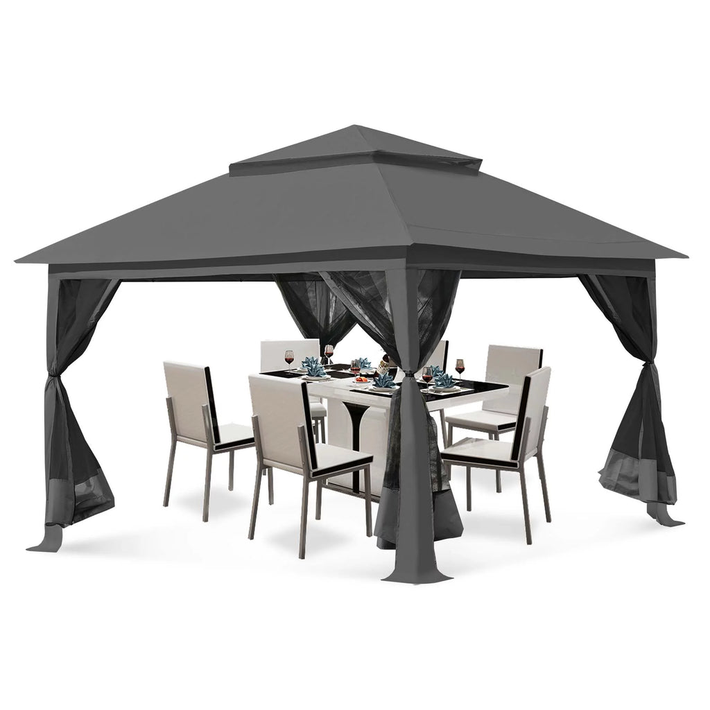 13 x13 ft Pop up Gazebo Canopy Shelter with Mosquito Netting, Brown Q4316