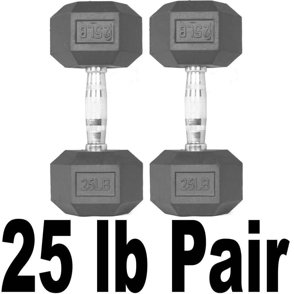 Pair of 25 lb Black Rubber Coated Hex Dumbbells I33712
