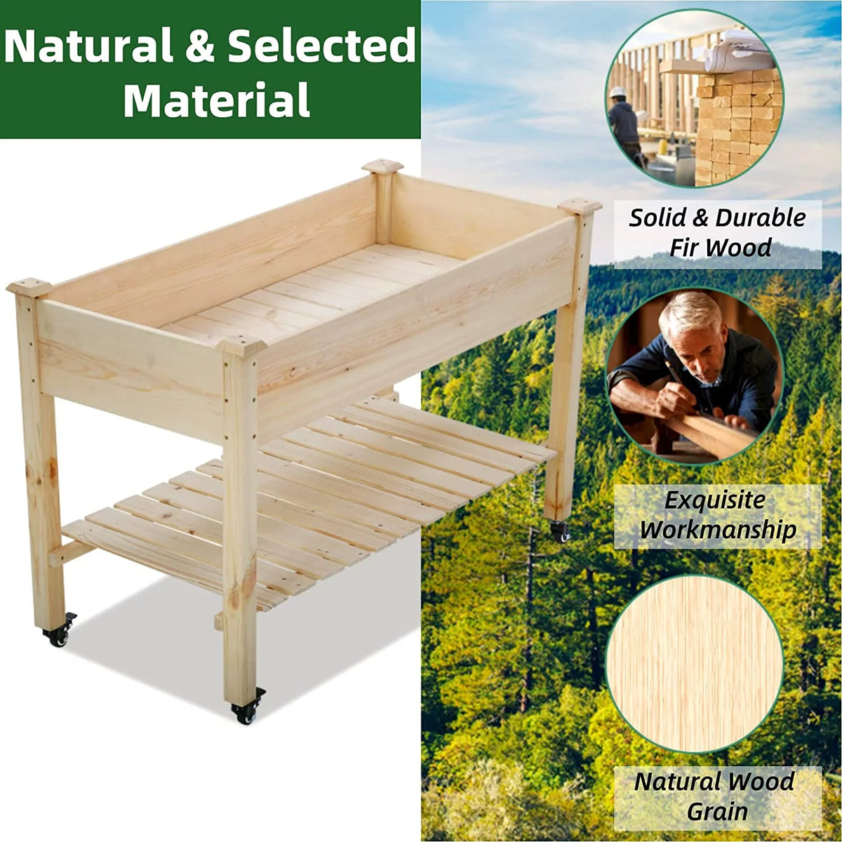 Raised Wood Garden Bed with Wheels and Storage Shelf N205535
