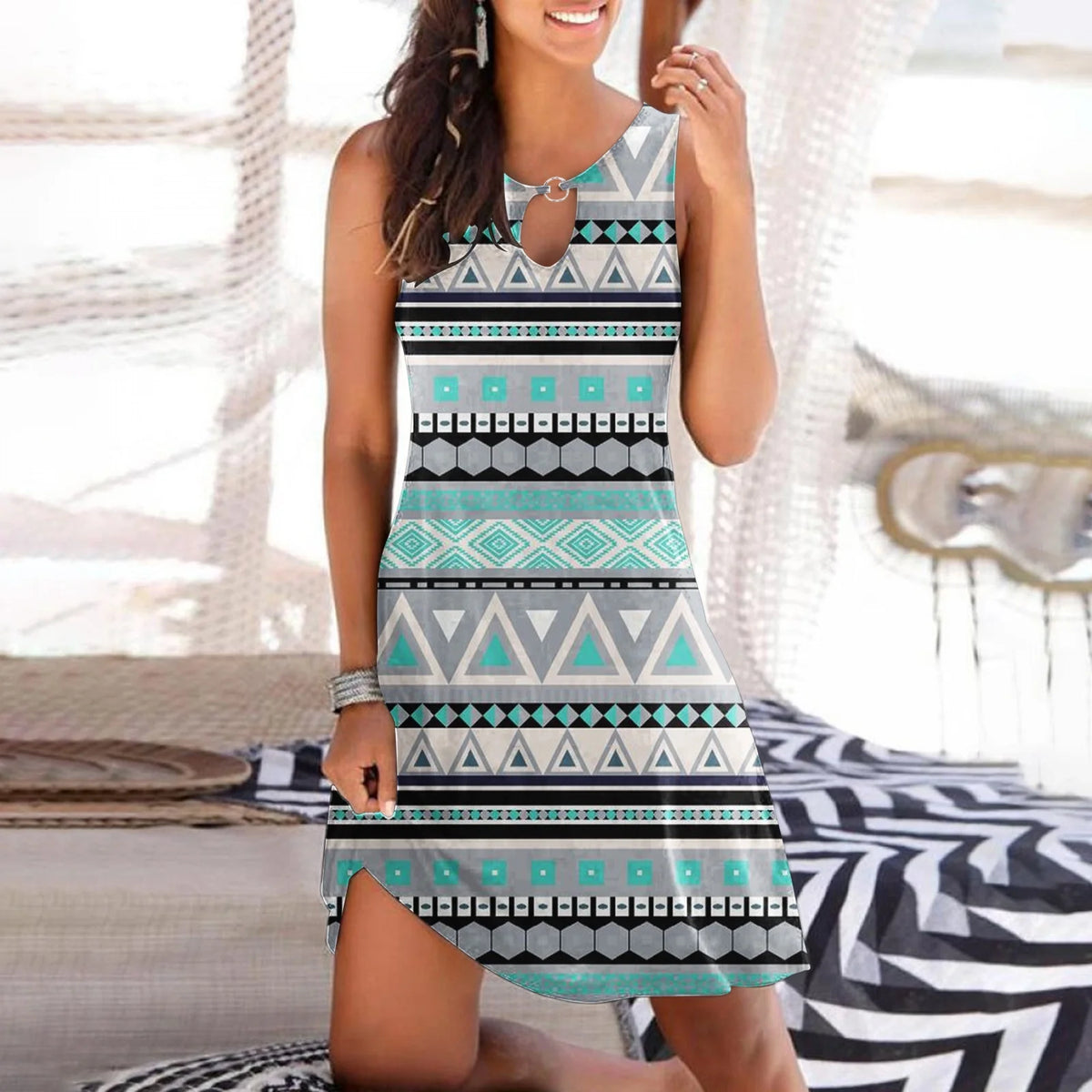 Sleeveless Crew Neck Boho Swing Dress N261