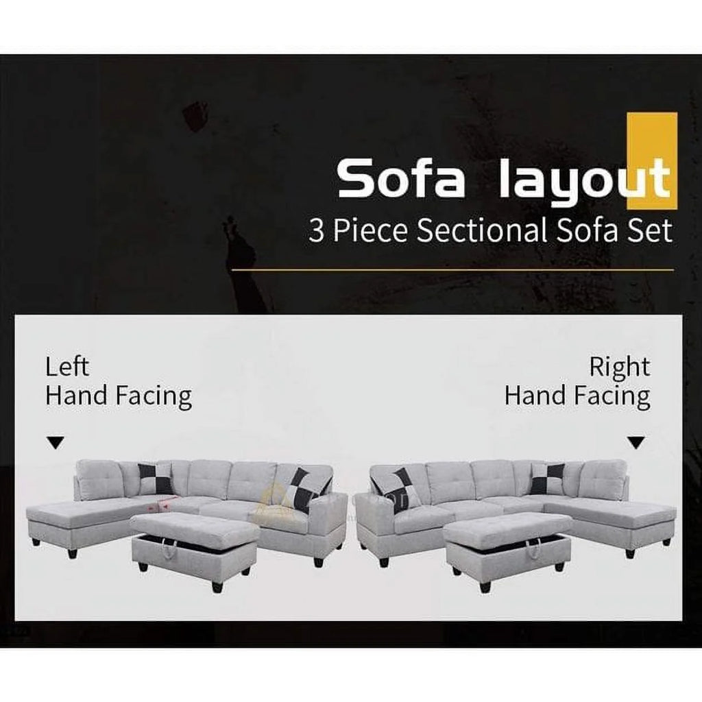 Grey White Left Hand Facing Sofa & Chaise with Ottoman U8818