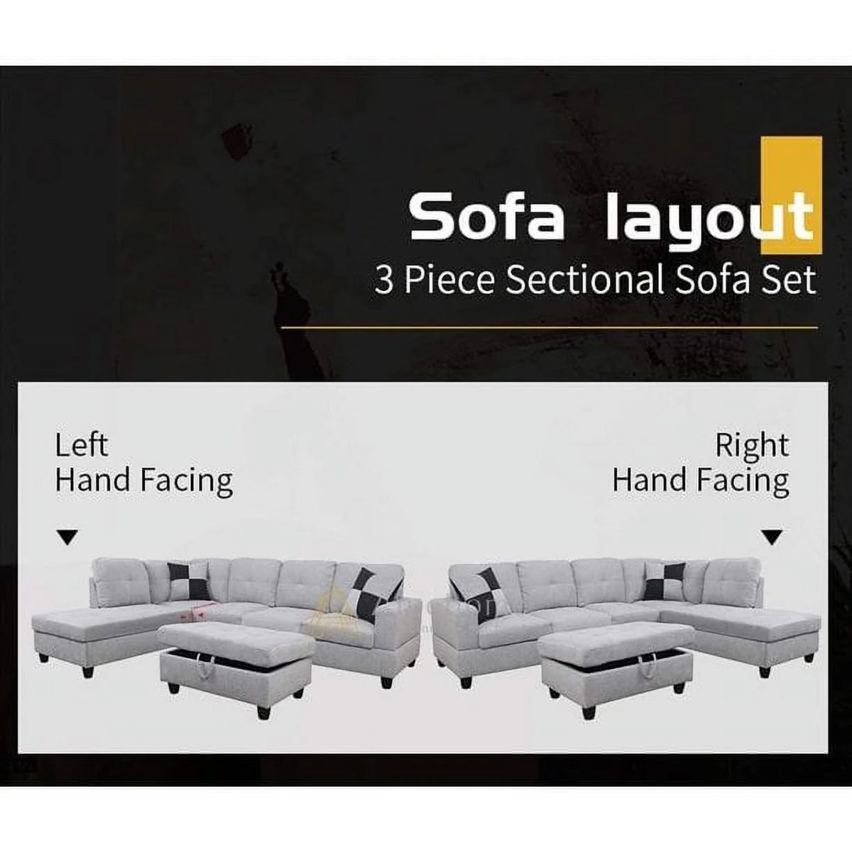 Grey White Left Hand Facing Sofa & Chaise with Ottoman U8818