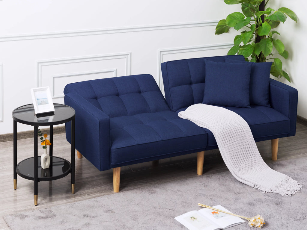 71.3 inch Futon Sofa Bed Convertible Sleeper Couch with 2 Pillows Navy Blue J175319