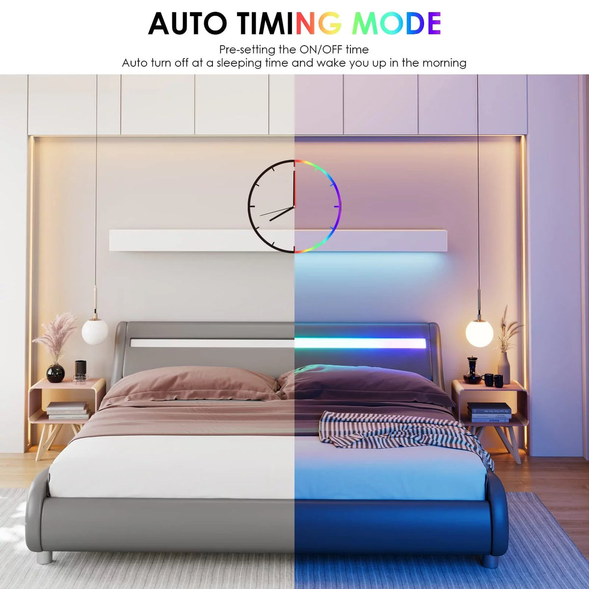 Queen Size Black PU Upholstered Platform Bed Frame with Adjustable Headboard K5052