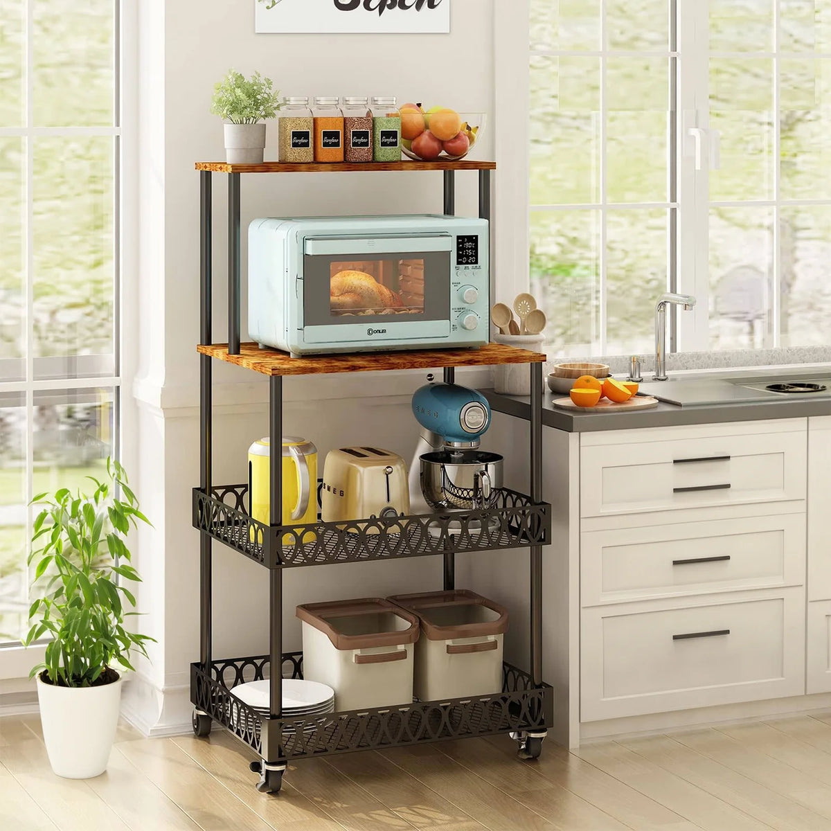 4-Tier Baker's Rack 48 inch Kitchen Storage Organizer with Metal Wheels D3400