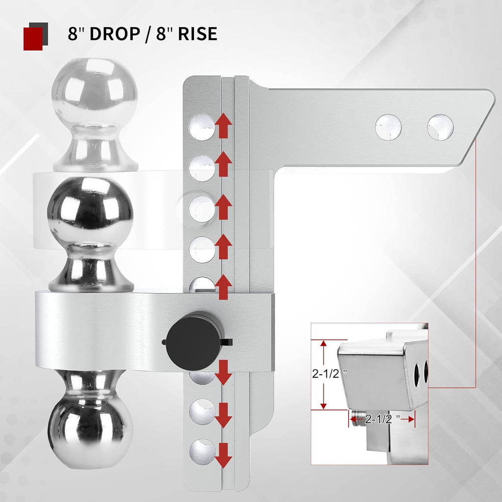 Adjustable Trailer Hitch Ball Mount, 2.5-Inch Receiver, 8-Inch Drop, Forged Aluminum Shank, 2-Inch and 2-5/16-Inch Combo Stainless Steel Tow Balls with Double Pin Key Locks M9498