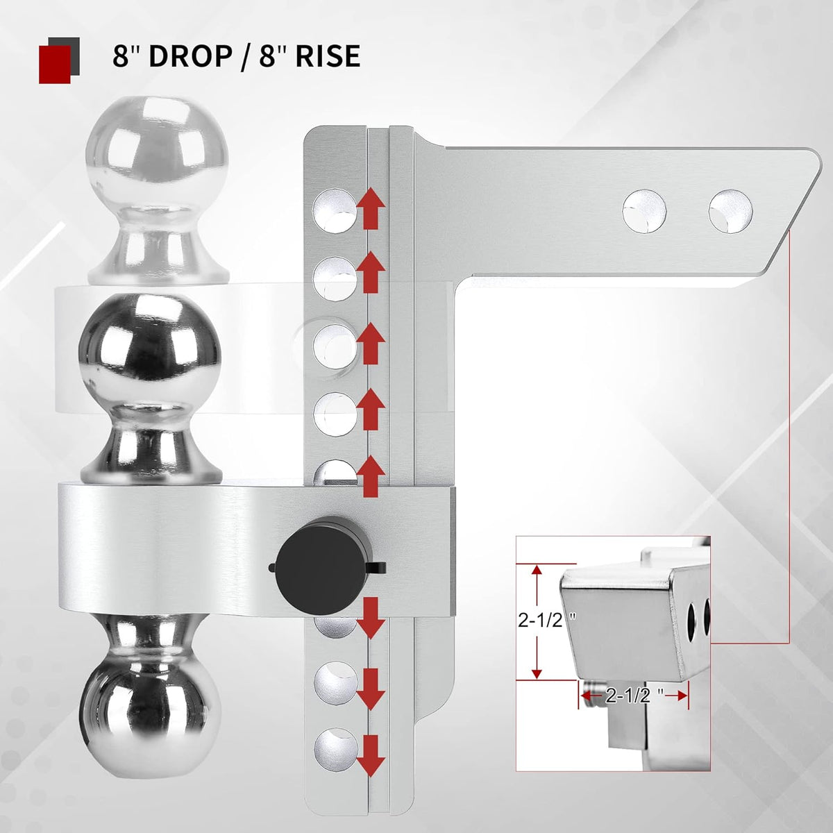 Adjustable Trailer Hitch Ball Mount, 2.5-Inch Receiver, 8-Inch Drop, Forged Aluminum Shank, 2-Inch and 2-5/16-Inch Combo Stainless Steel Tow Balls with Double Pin Key Locks M9498