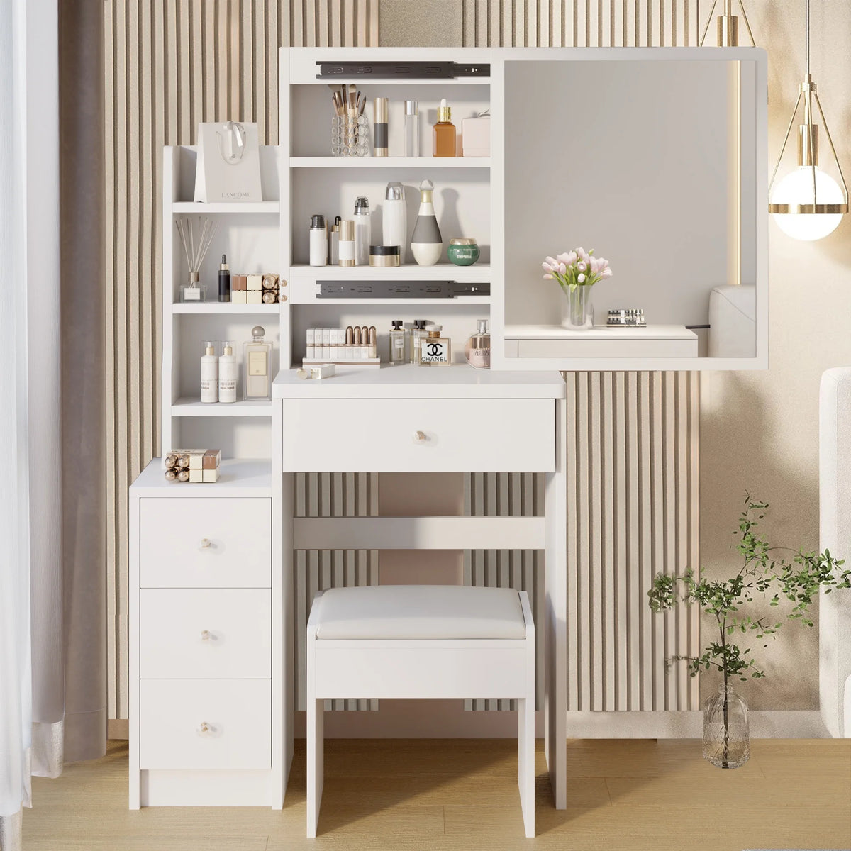 White Vanity Set with Sliding Mirror, Drawers & Stool F7834