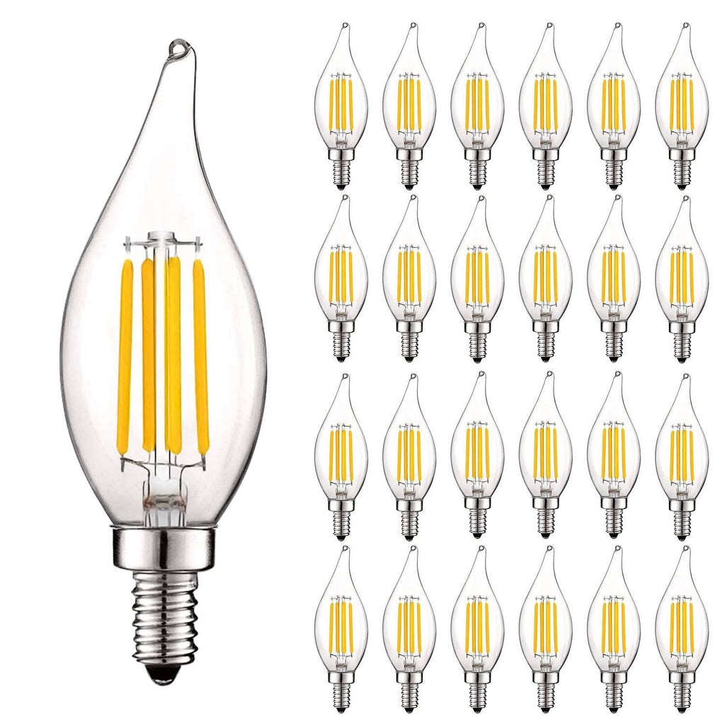 Vintage Candelabra E12 LED Bulb 5w, 550 Lumens, 2700K Warm White, Dimmable, Flame Tip Clear Glass (24 Pack) D4434