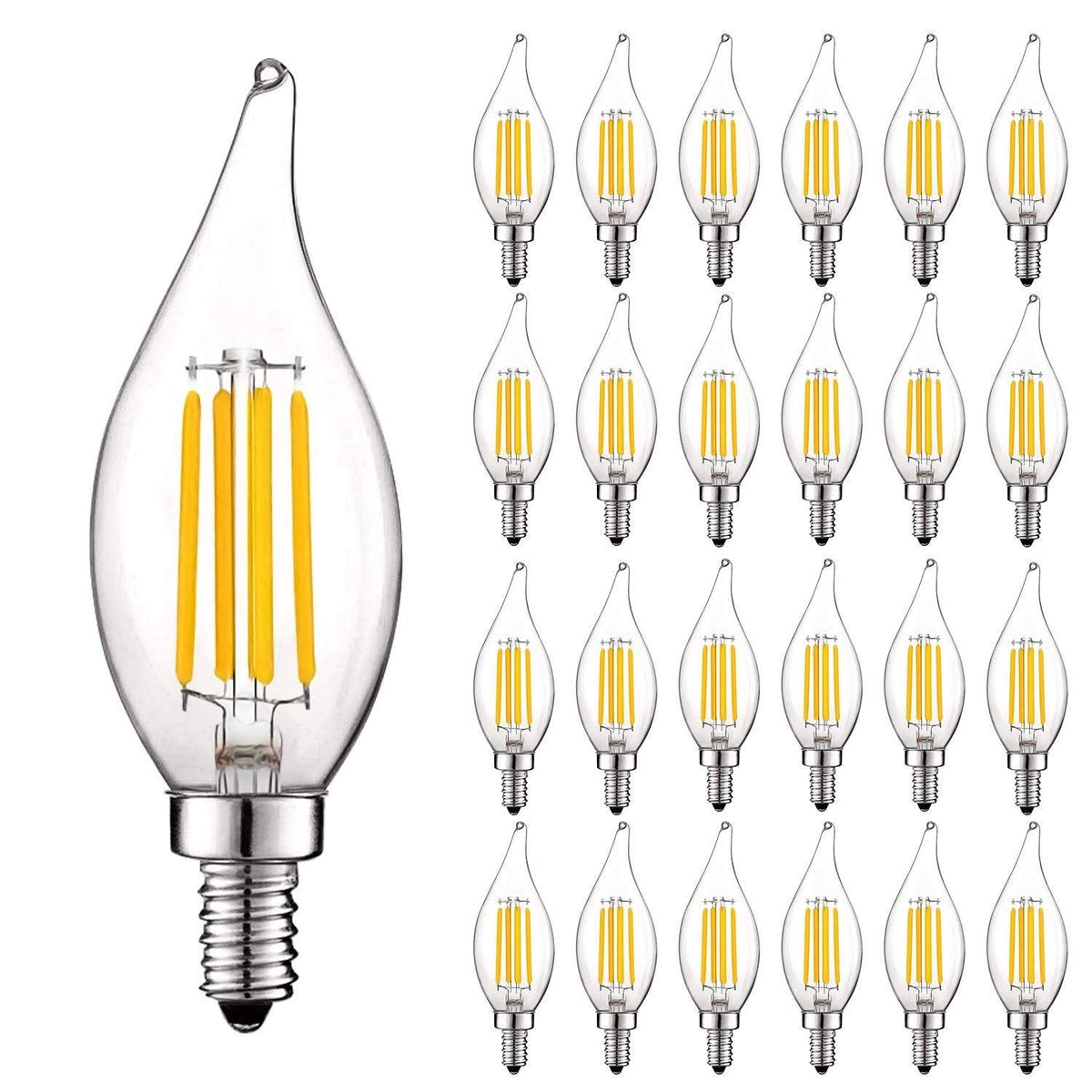 Vintage Candelabra E12 LED Bulb 5w, 550 Lumens, 2700K Warm White, Dimmable, Flame Tip Clear Glass (24 Pack) D4434