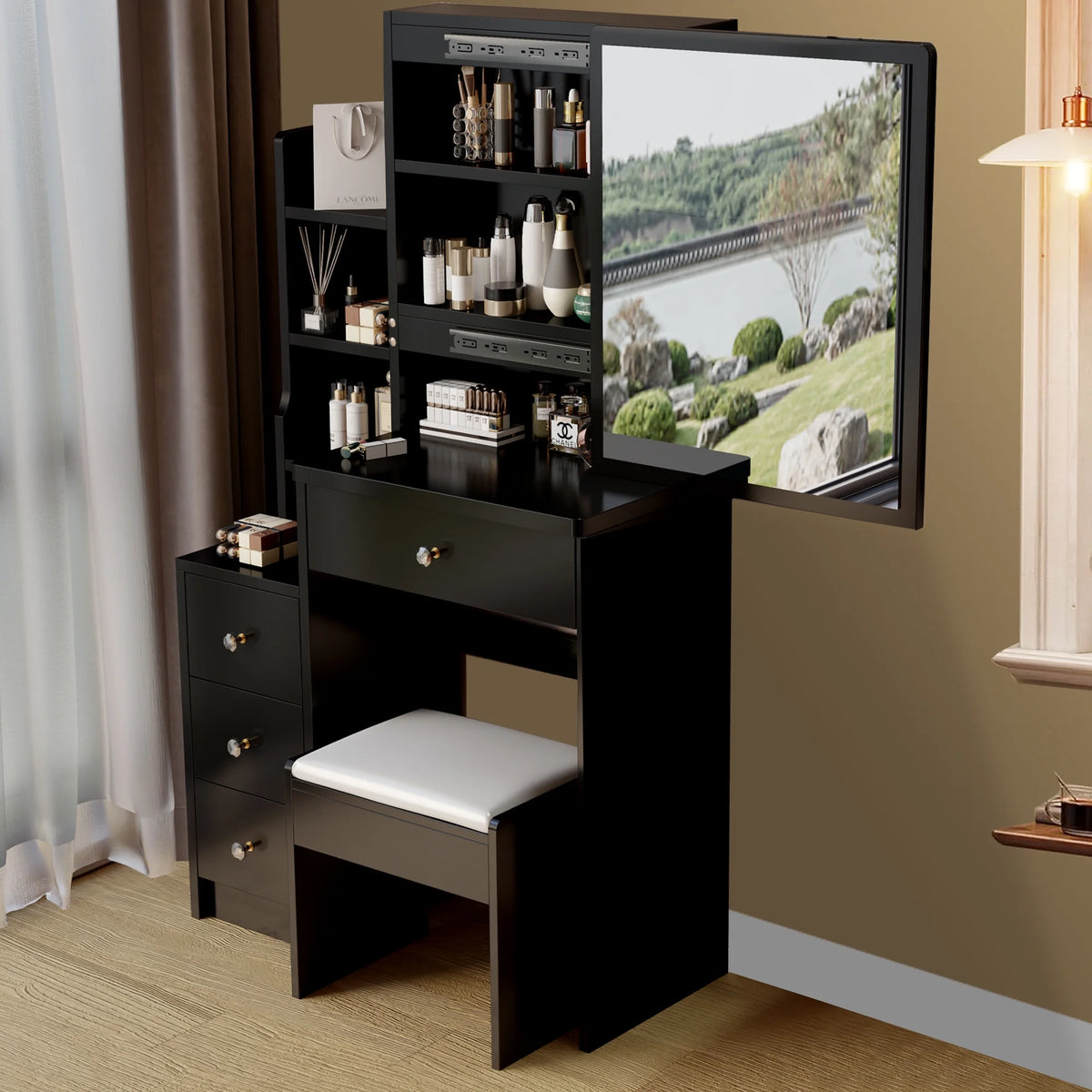 White Vanity Set with Sliding Mirror, Drawers & Stool F7834