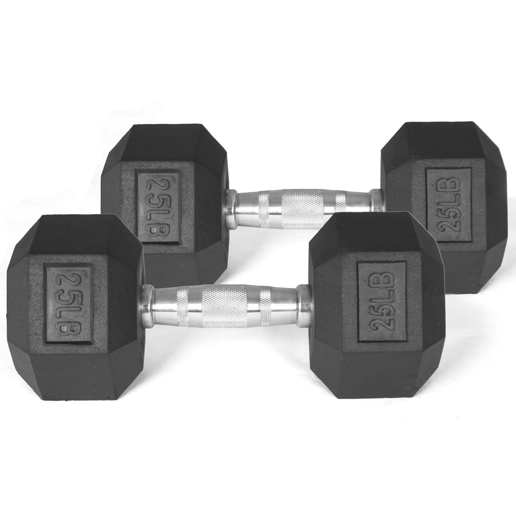 Pair of 25 lb Black Rubber Coated Hex Dumbbells I33712