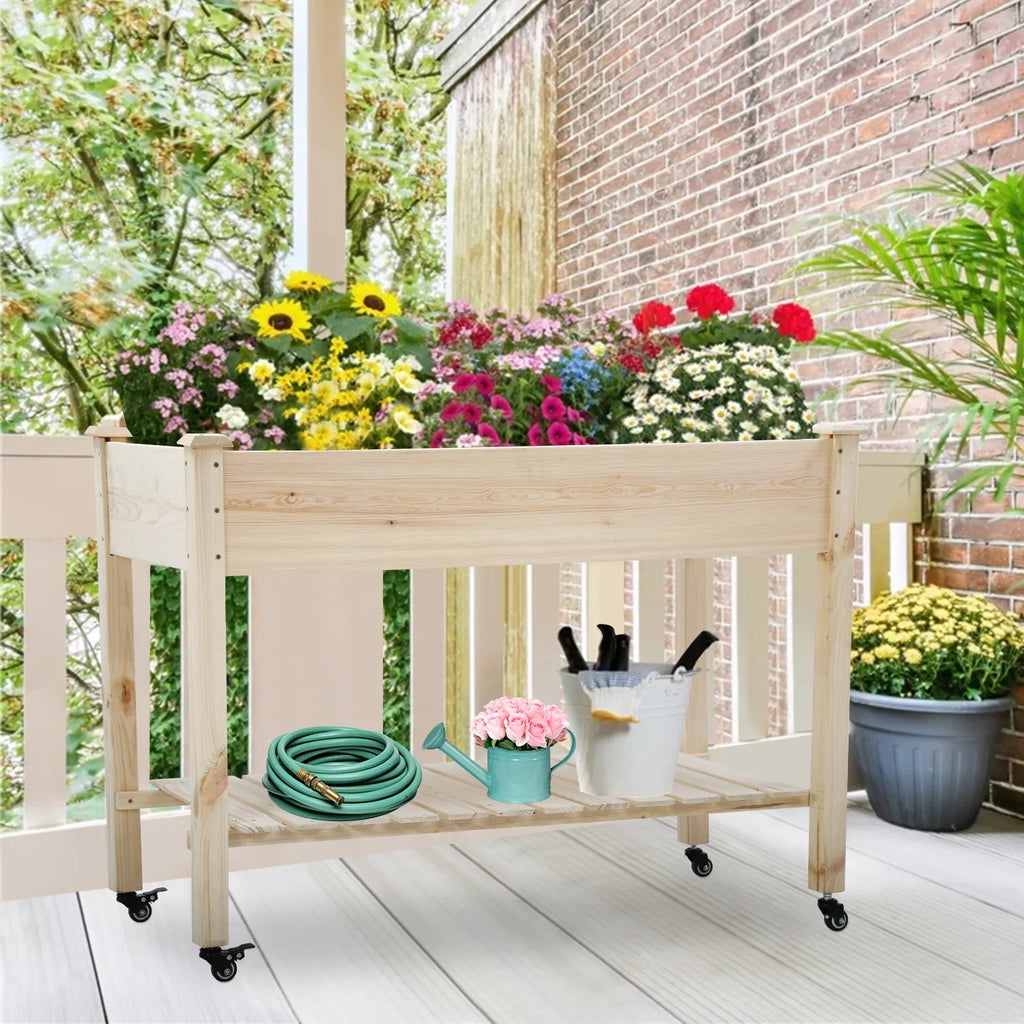 Raised Wood Garden Bed with Wheels and Storage Shelf N205535