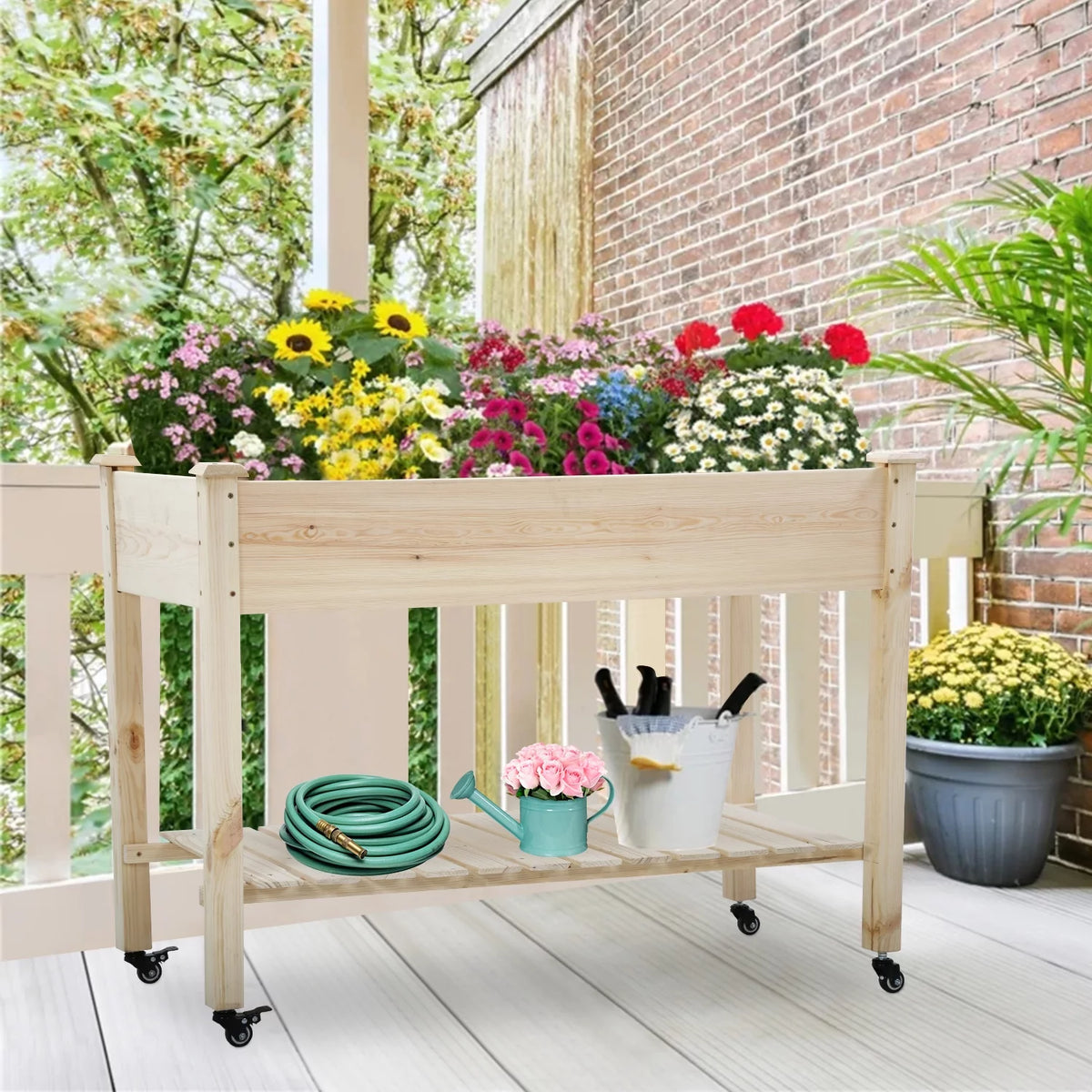 Raised Wood Garden Bed with Wheels and Storage Shelf N205535