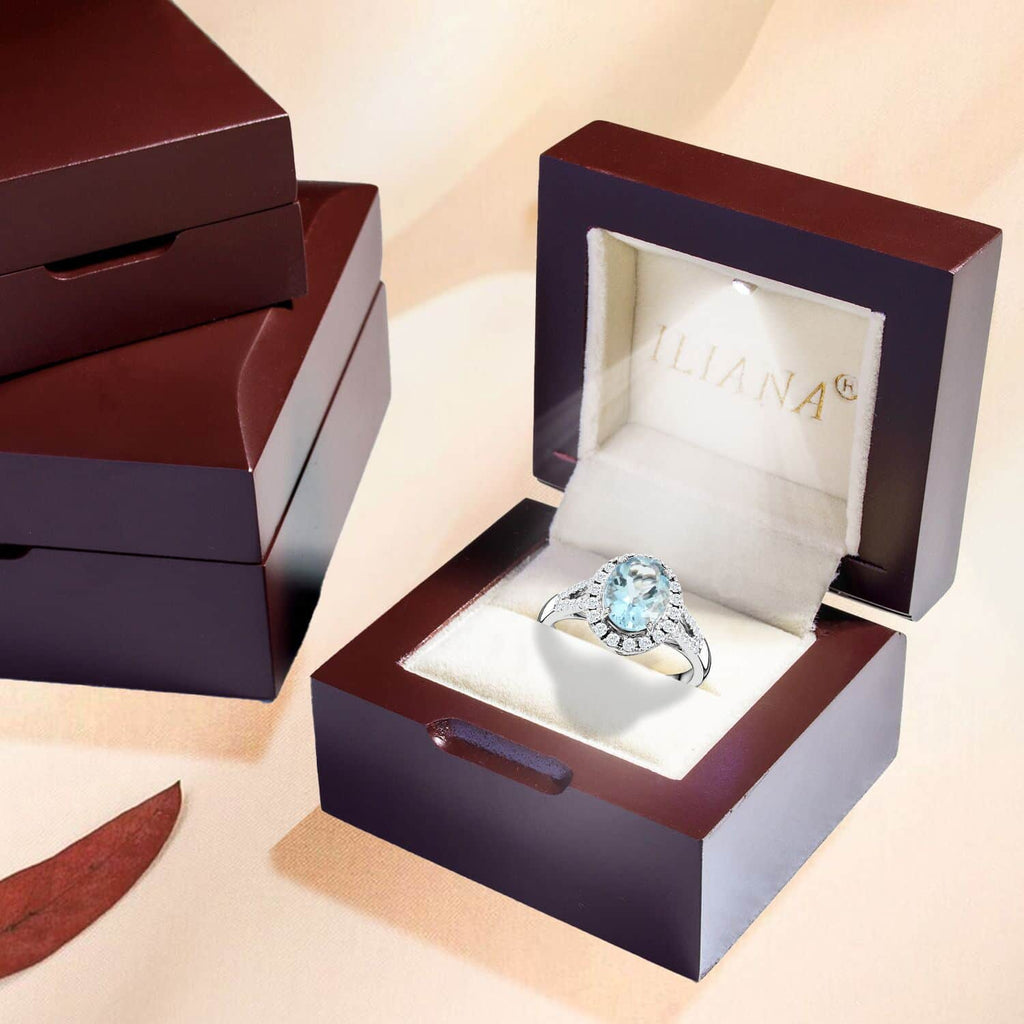 18K White Gold Halo Ring with Blue Aquamarine and White Diamond I686