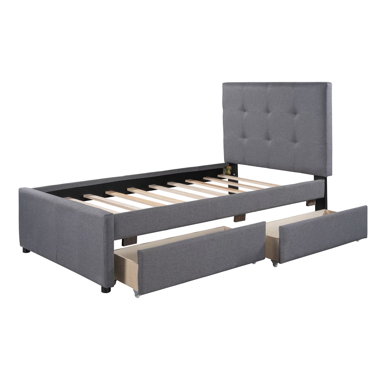 Gray Upholstered Twin Size Platform Bed with 2 Storage Drawers K3529