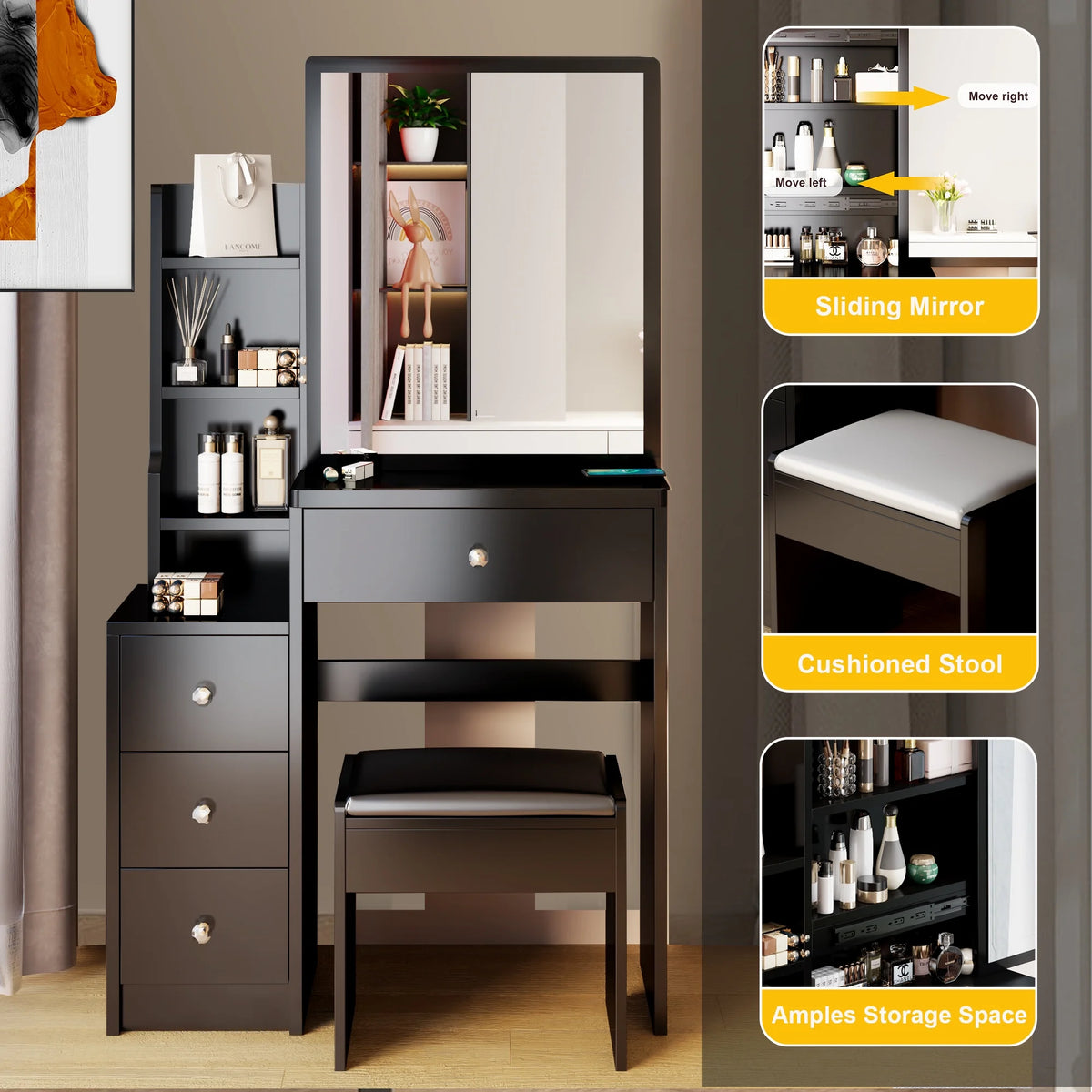 White Vanity Set with Sliding Mirror, Drawers & Stool F7834