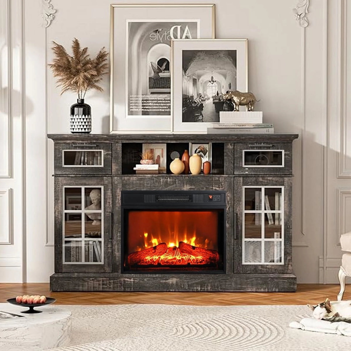 58" Fireplace TV Stand with 23" Electric Fireplace, Dark Oak L2638