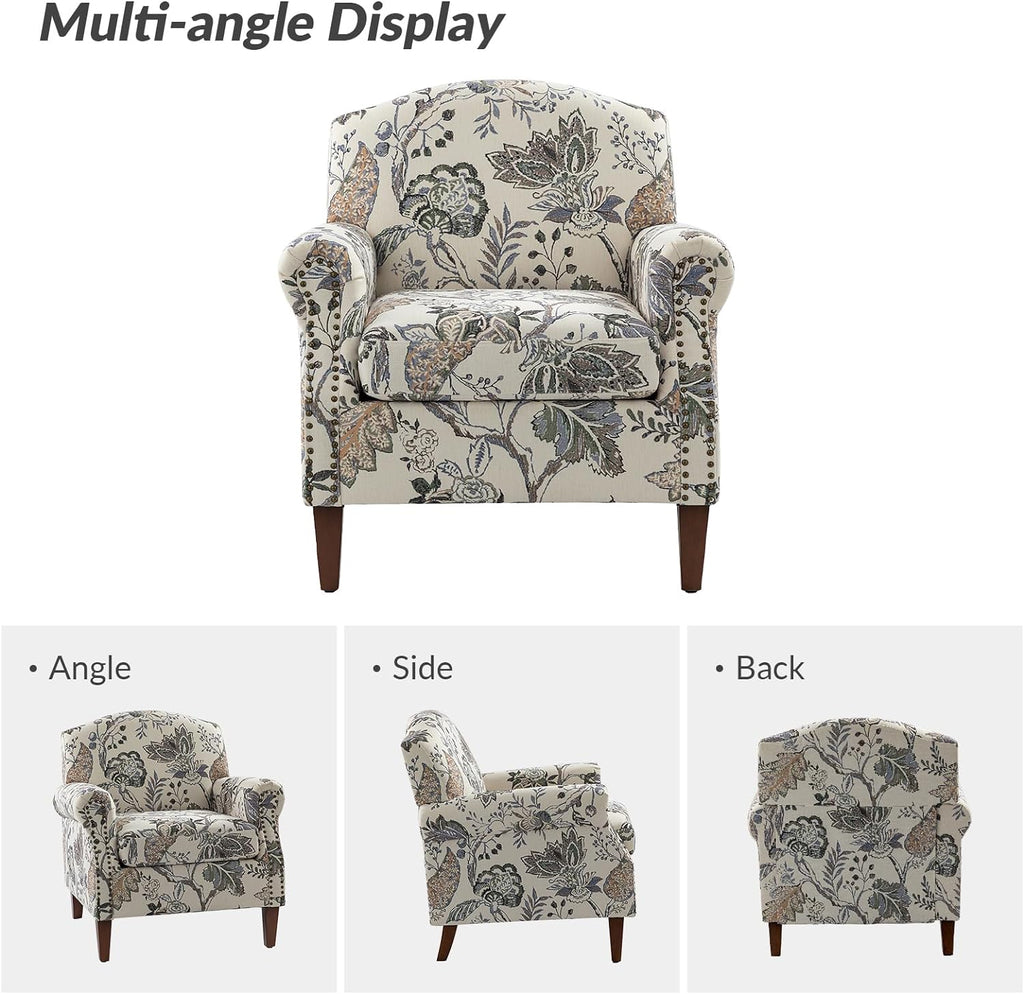 Accent Chair Set Of 2 With Wood Legs & Removable Cushion, Upholstered Armchair, Floral Design, GREY S304007