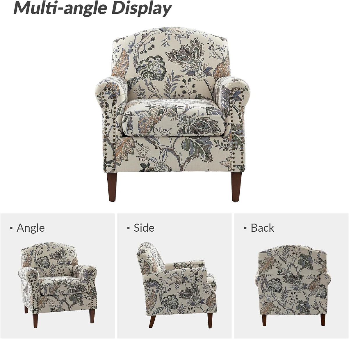 Accent Chair Set Of 2 With Wood Legs & Removable Cushion, Upholstered Armchair, Floral Design, GREY S304007