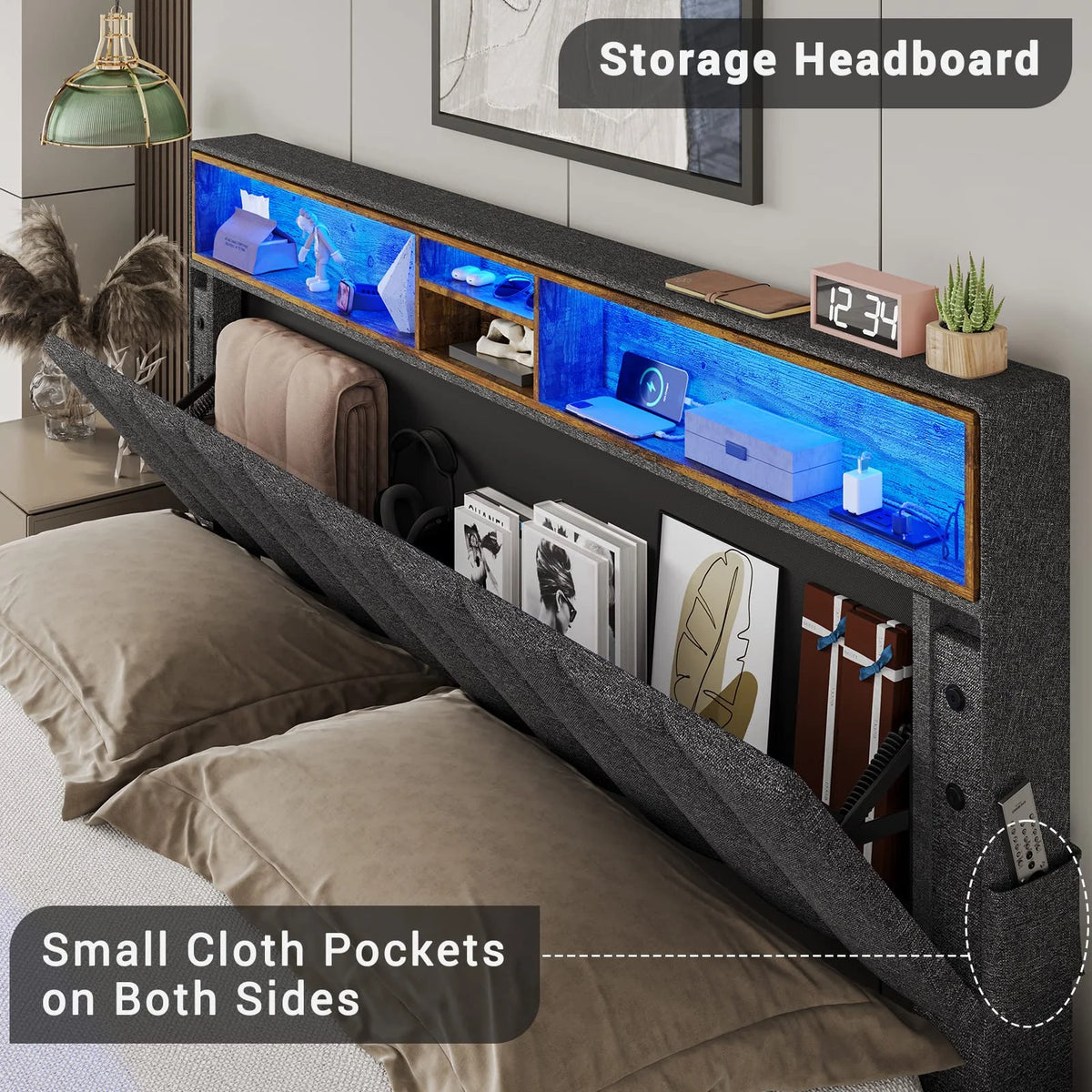 Queen Size LED Bed Frame with Outlet and USB Ports I55929