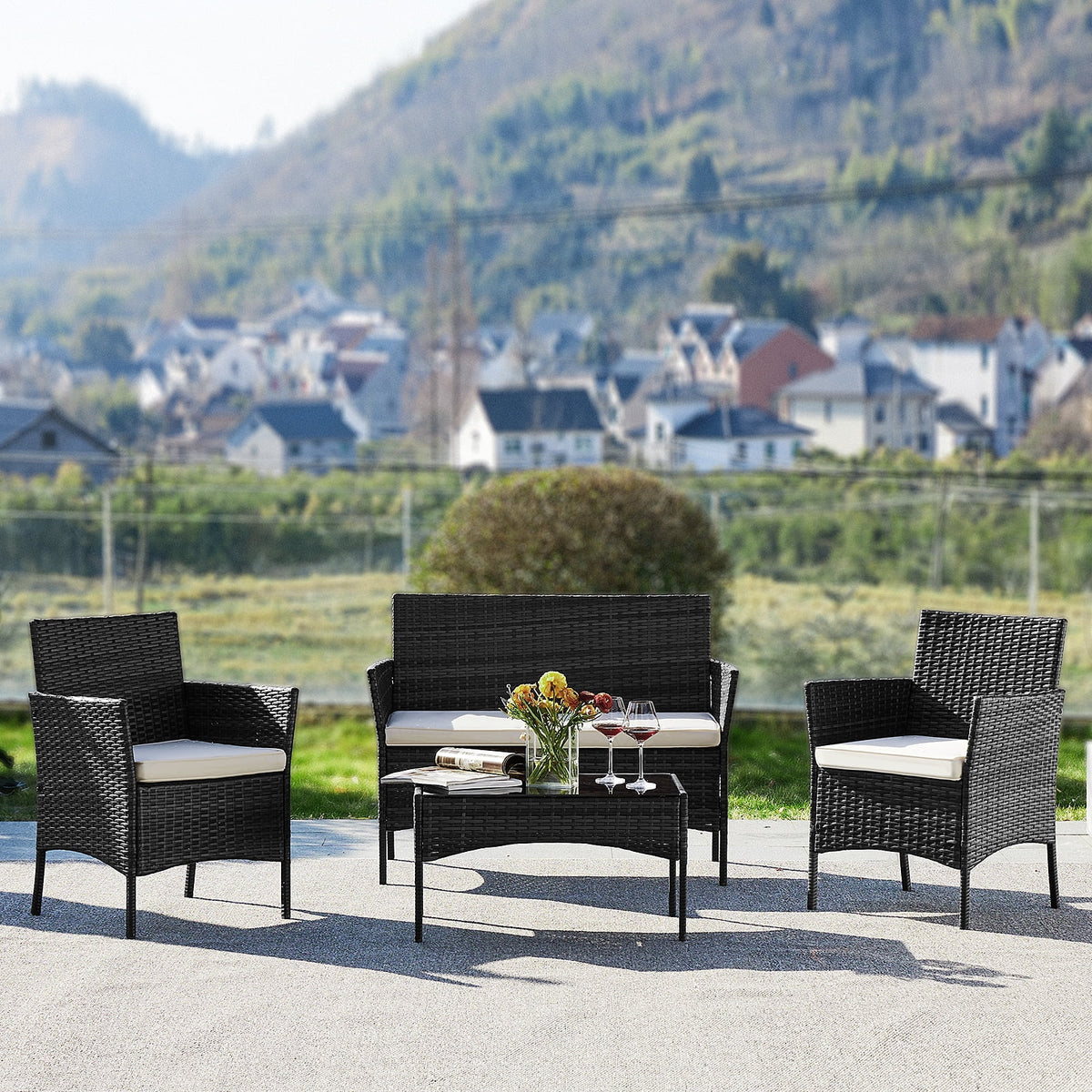 Black Outdoor Patio Furniture Set with Sectional Sofa, Table, Chairs and Cushions J39100